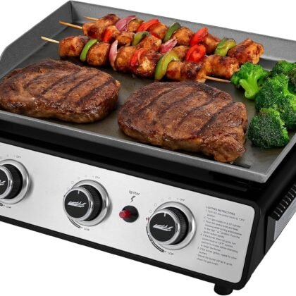 Royal Gourmet PD1301S Portable 3-Burner Tabletop Gas Griddle, 25,500 BTU Cooking Power, 304 Sq. In. Cooking Surface, Ideal for Camping & Tailgating, Black & Silver