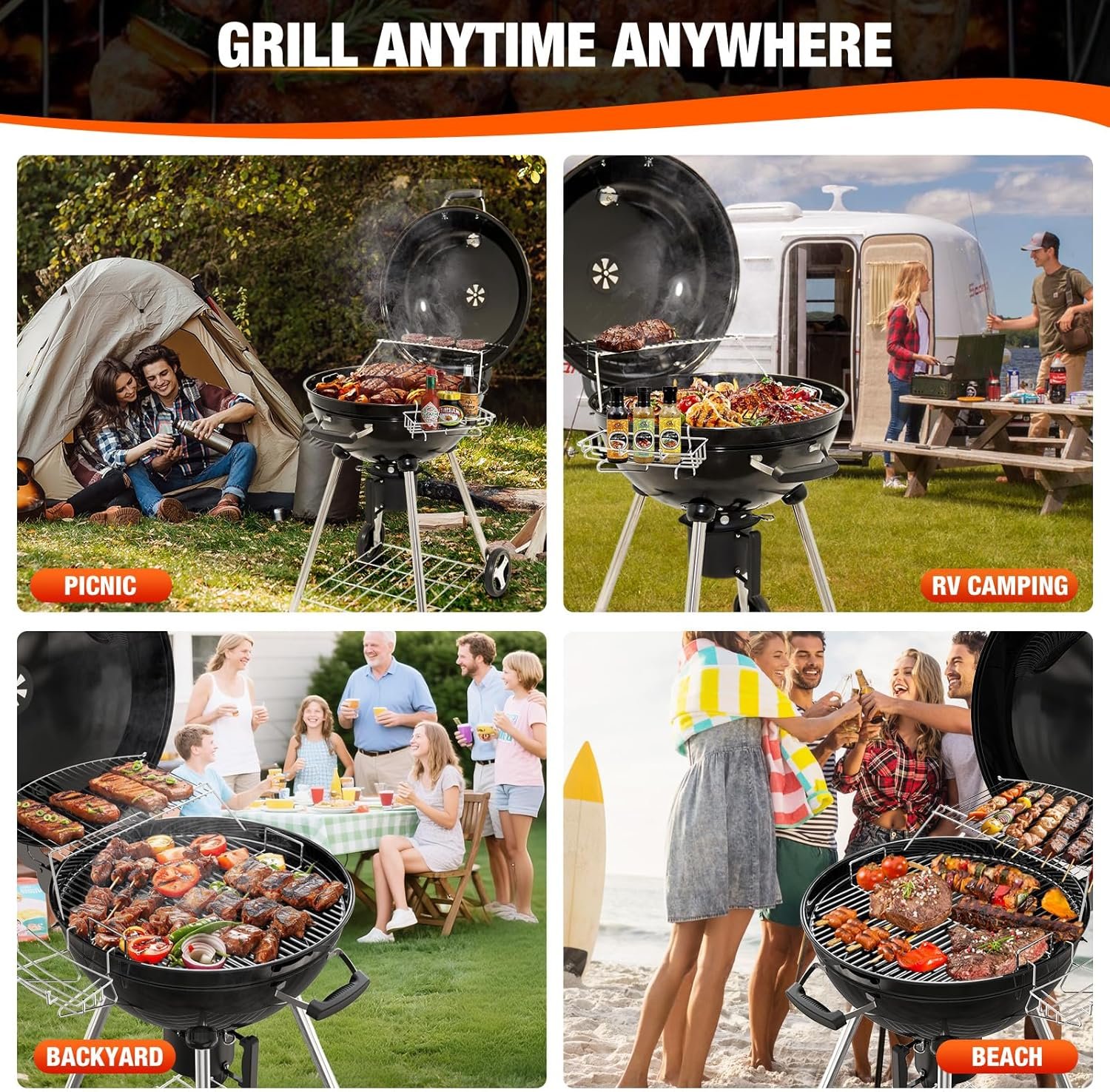 22 inch Premium Charcoal Grill, Kettle Barbecue and Smoker Grills 500+ Sq. In. Cooking Area for Outdoor BBQ, Tailgating and Patio, Black - Image 6