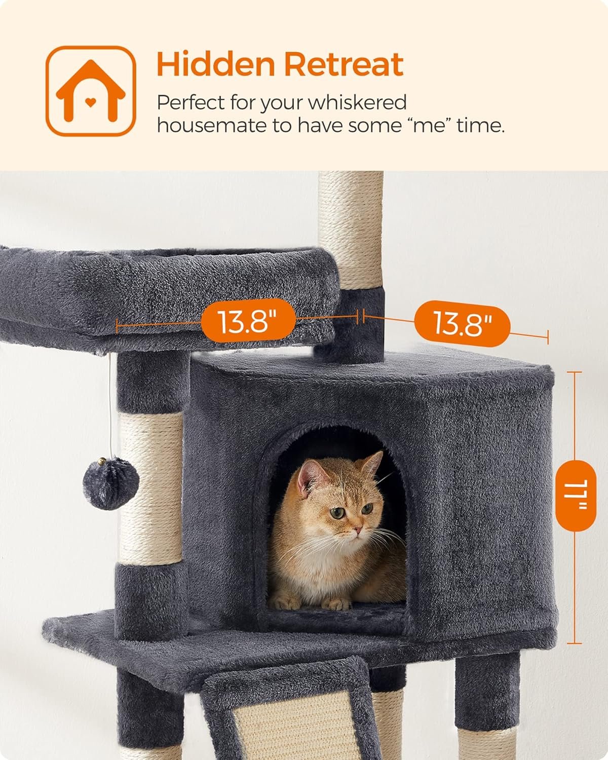 Feandrea Cat Tower, Cat Tree for Indoor Cats, 45.3-Inch Cat Condo with Scratching Post, Ramp, Perch, Spacious Cat Cave, for Kittens, Elderly Cats, Adult Cats, Small Space, Smoky Gray UPCT141G01 - Image 4