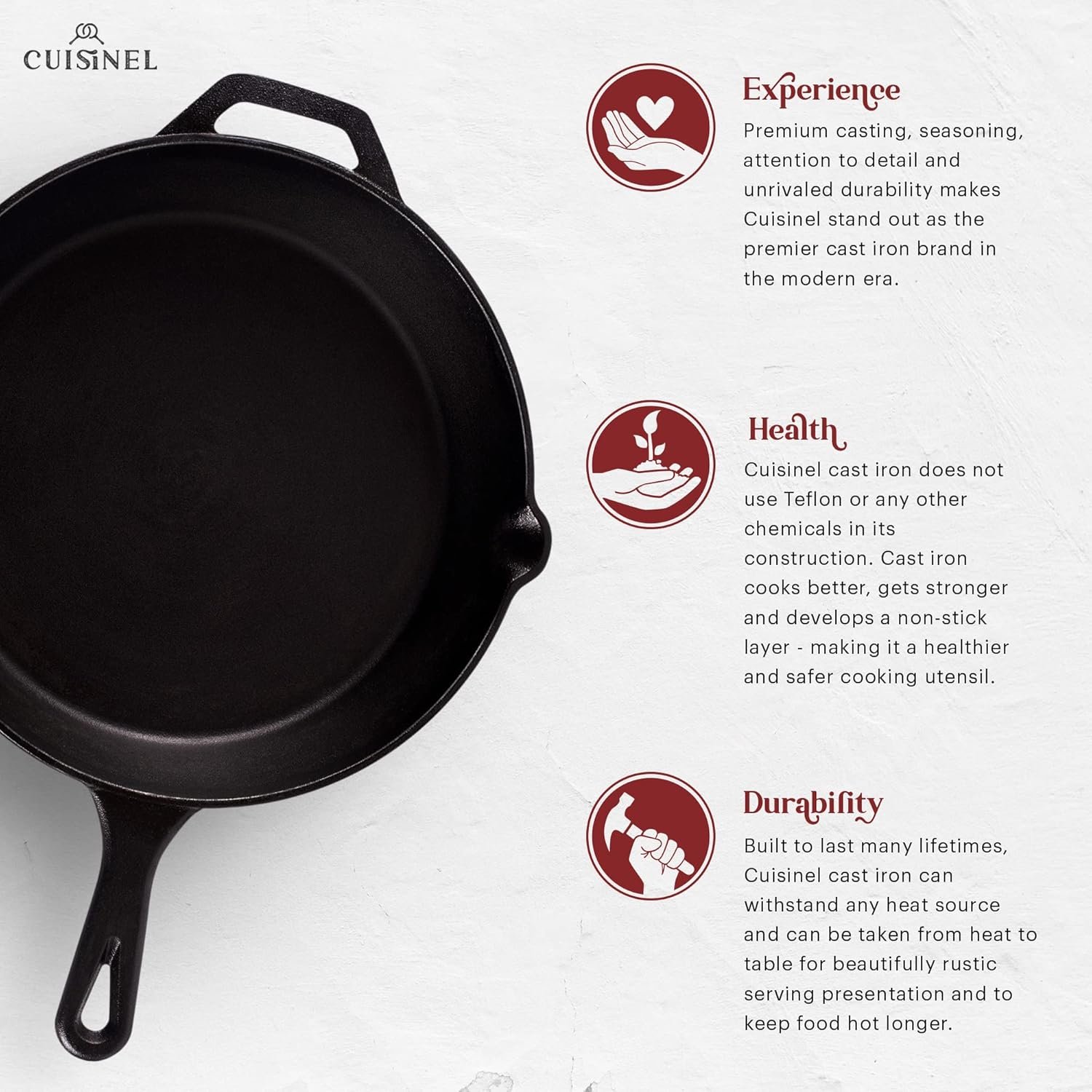 Cuisinel Pre-Seasoned Cast Iron Skillet (12-Inch) W/Tempered Glass Lid and Handle Cover Oven Safe Cookware | Heat-Resistant Holder | Indoor and Outdoor Use | Grill, Stovetop, Induction Safe - Image 2