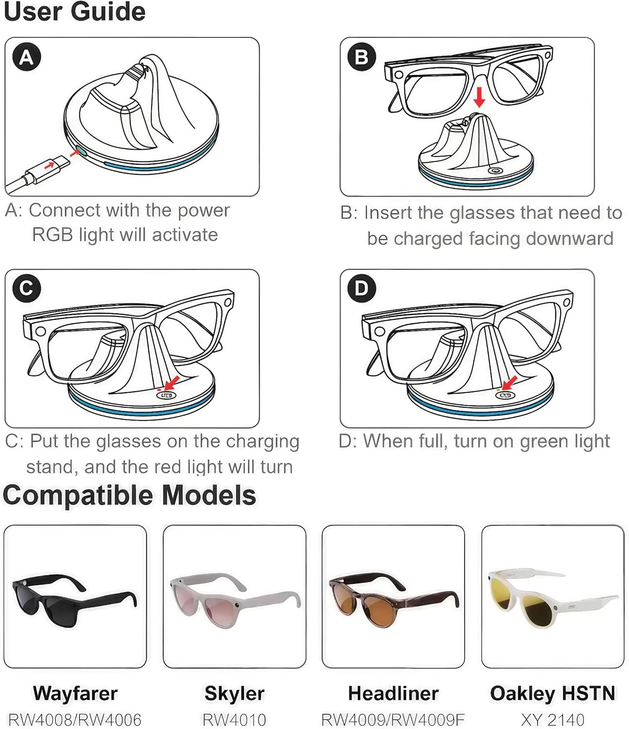 Charging Dock for Ray-Ban Meta Smart Glasses – RGB Desktop Charger Stand Compatible with Wayfarer Gen 2, Skyler, Headliner & Oakley HSTN, Type-C Input, LED Indicator Light, 1h Fast Charge, ABS (White) - Image 9