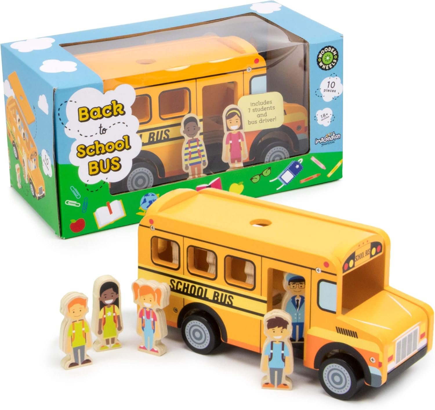 Imagination Generation Back to School Bus Wooden Vehicle Play Set with 8 Character Figures, 7 Students, 1 Bus Driver - Image 4