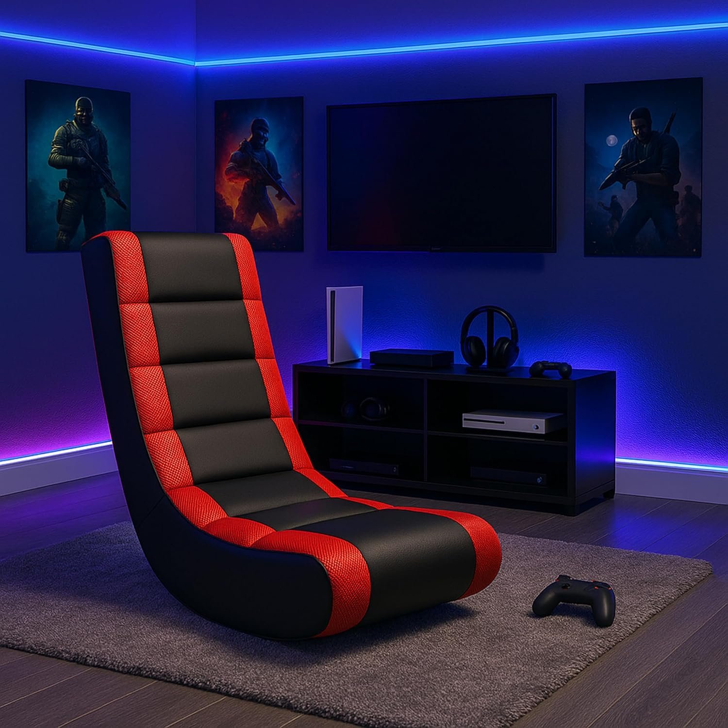 The Crew Furniture Classic Video Rocker Floor Gaming Chair, for Kids and Teens, PU Faux Leather & Polyester Mesh, Black/Red - Image 2