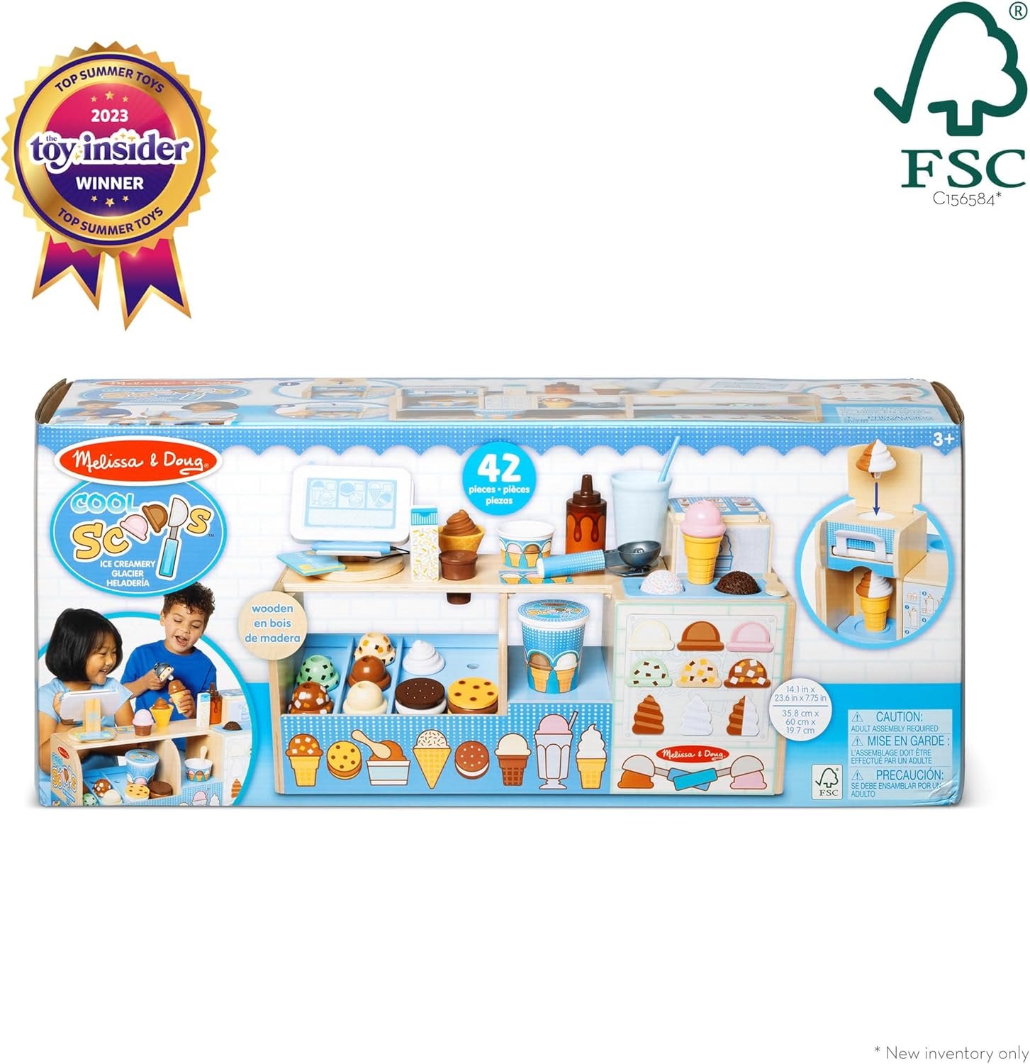 Melissa & Doug Cool Scoops Ice Creamery, Wooden Ice Cream Shop & Counter with Play Food & Play Kitchen Accessories, Preschool Learning Toys for Girls & Boys 3+ - FSC Certified - Image 3