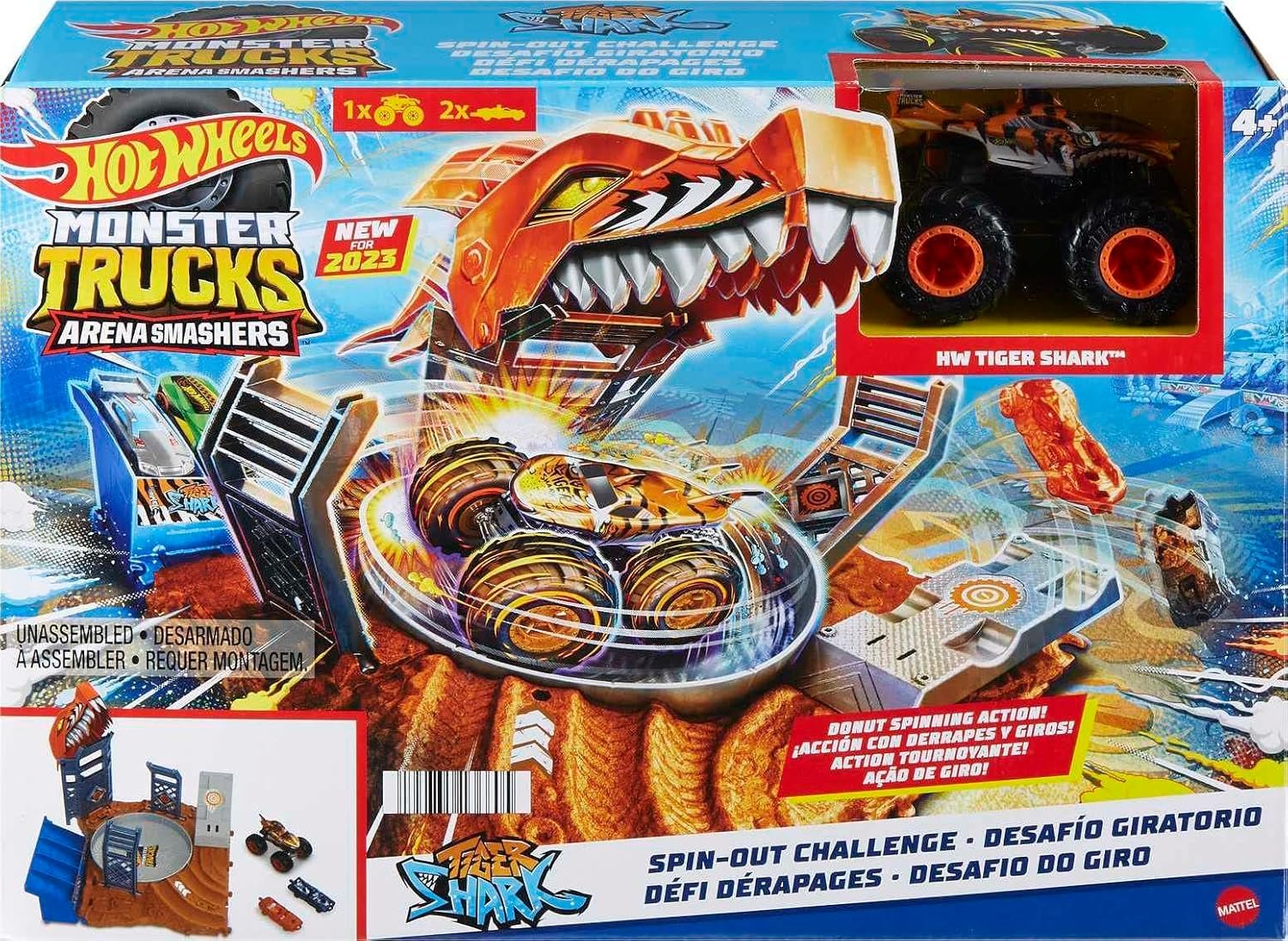 Hot Wheels Monster Trucks Arena Smashers Tiger Shark Spin-Out Challenge with a 1:64 Scale Tiger Shark and 2 Crushable Cars, HNB93 - Image 7