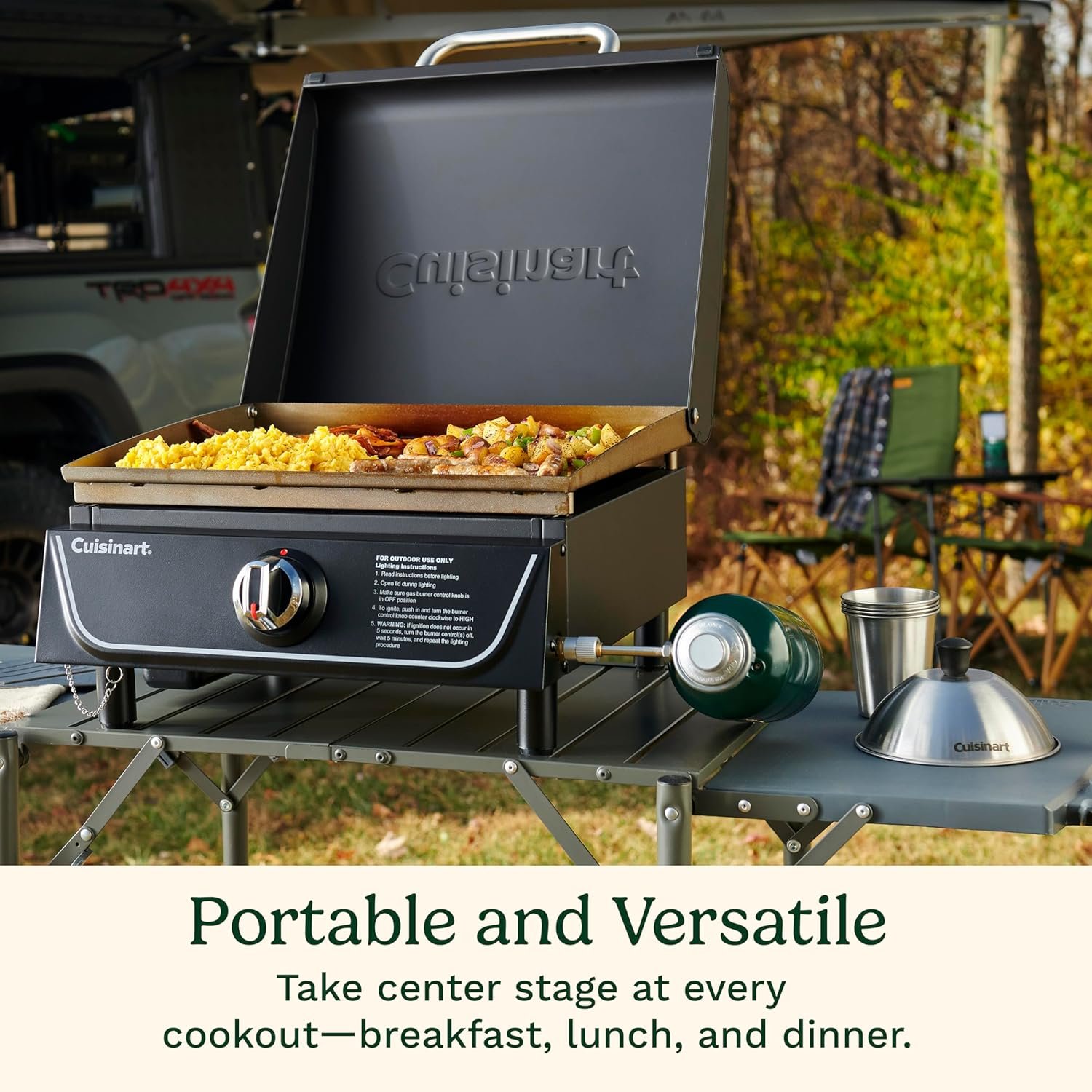 Cuisinart 17” Tabletop Gas Griddle with Hood, Easy Assembly Compact Outdoor Flat-Top Grill with Grease Cup, 255 Sq. In Cooking Space Perfect for Camping, Tailgates and BBQs - Image 3