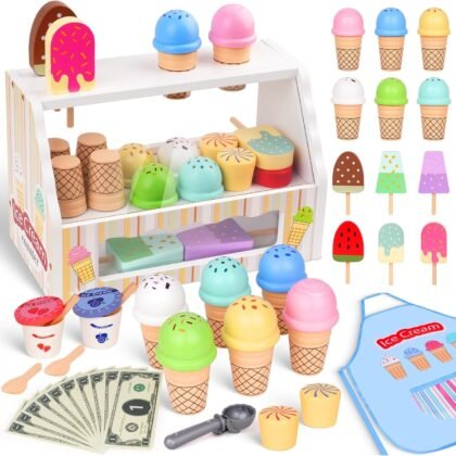 Wooden Ice Cream Toy, Ice Cream Counter Playset for Kids, Toddler Pretend Play Kitchen Accessories with Colorful Apron, Scoop, Menu, Fake Money, Birthday Gift Toys for 3 4 5 6 Year Old Boys Girls