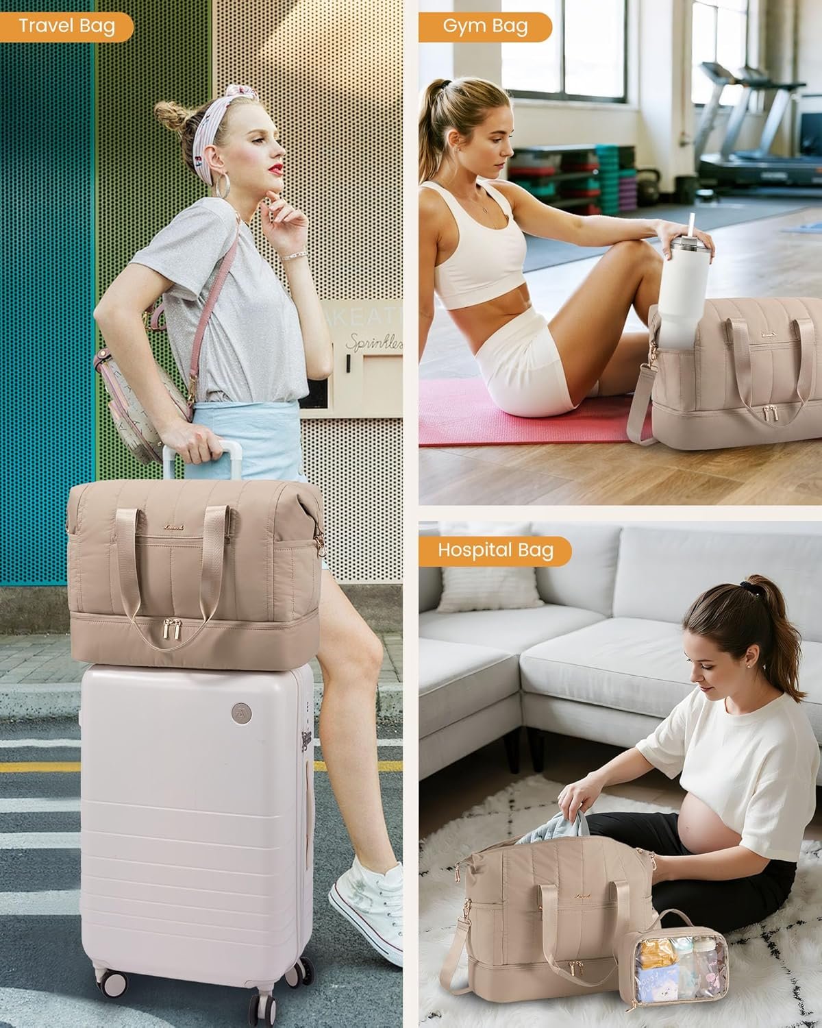 LOVEVOOK Travel Duffle Bag,Puffer Weekender Bags For Women with Shoe Compartment,42L Carry On Duffel Bags For Airplanes,Hospital Bag for Labor and Delivery,Overnight Bsg With Toiletry,2Pcs Set - Image 7