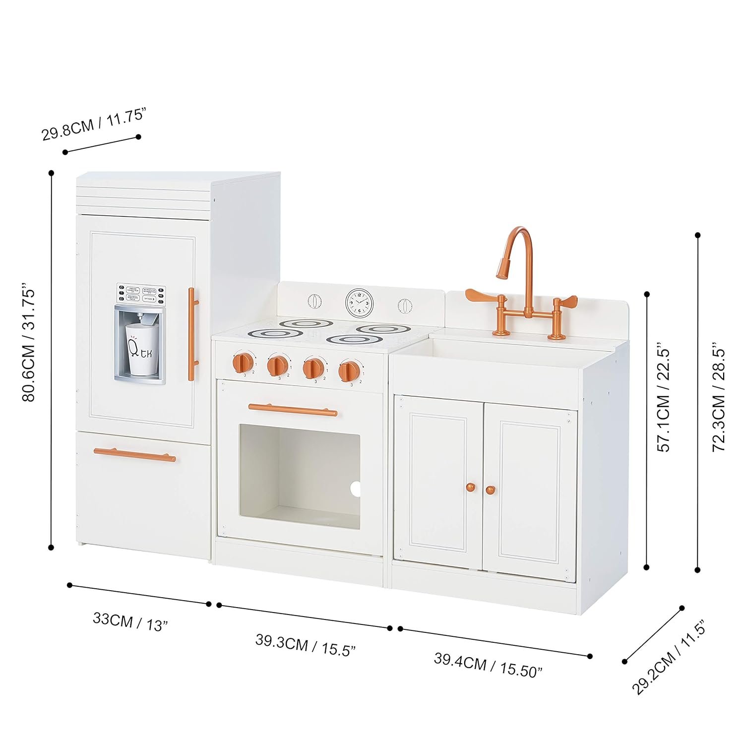 Teamson Kids Little Chef Paris Modular Contemporary Interactive Wooden Play Kitchen with Refrigerator, Oven, Sink, and Storage Space for Easy Clean Up, White with Rose Gold Finishes - Image 5