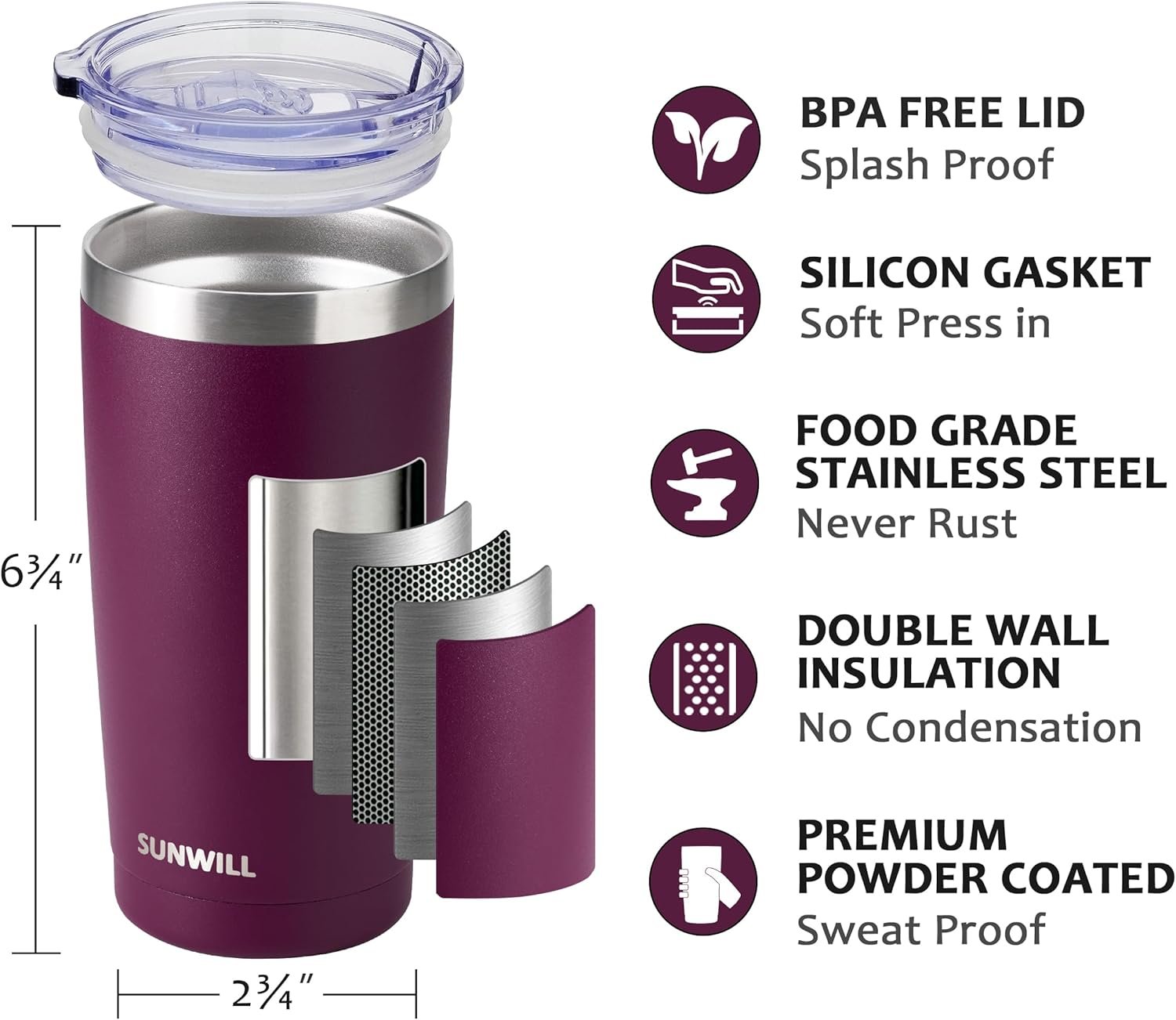 SUNWILL Travel Coffee Tumbler 20 oz, Insulated Mug with Lid, Stainless Steel Cup for Hot and Cold Drinks, Powder Coated Plum - Image 2