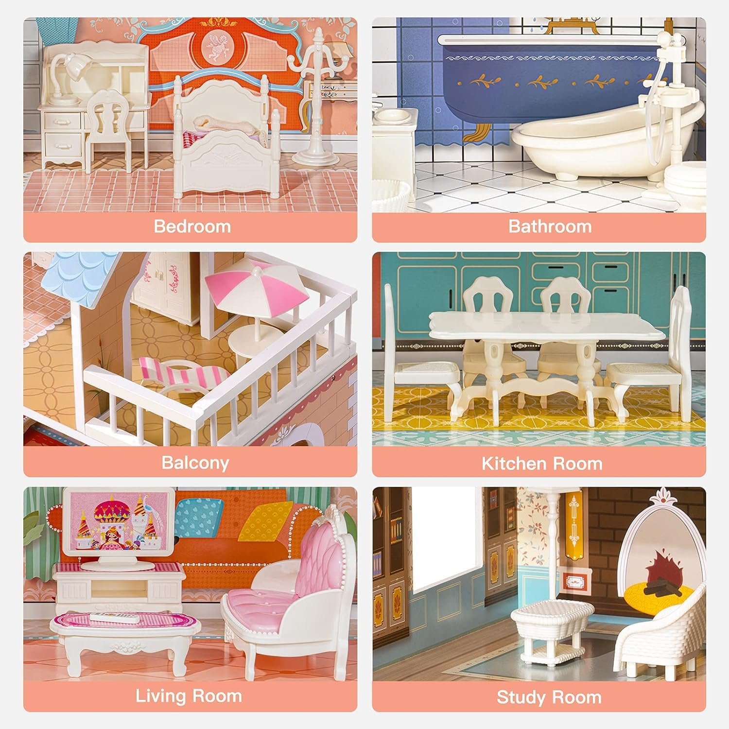 ROBUD Wooden Dollhouse for Kids Girls, Toy Gift for 3 4 5 6 Years Old, with Furniture - Image 3