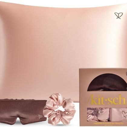 Kitsch Night time Renewal 3PC Sleep Set - Satin Pillowcase with Zipper for Hair & Skin - Softer Than Silk, Queen/Standard Size with Satin Pillow Scrunchie No-Damage Hair Tie and Satin Pillow Eye Mask