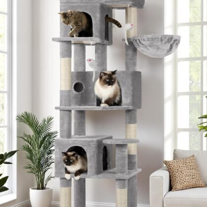 Globlazer Corner Cat Tree 66 inch Multi-Level Climbing Tower Kitty Condos Cat Scratching Tower for Indoor Multiple Cats with Large Platform, 3 Cat Caves, F66, Light Grey