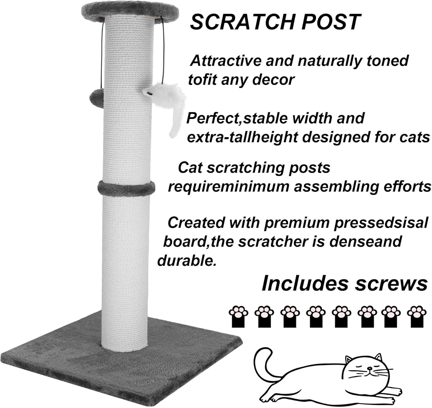 Cat Scratching Post 34 Inches Heavy Duty and Thicker Cat Scratching Post Sisal Rope with Hanging Ball and Mice Scratching Post for Indoor Cats and Adult(Grey) - Image 8