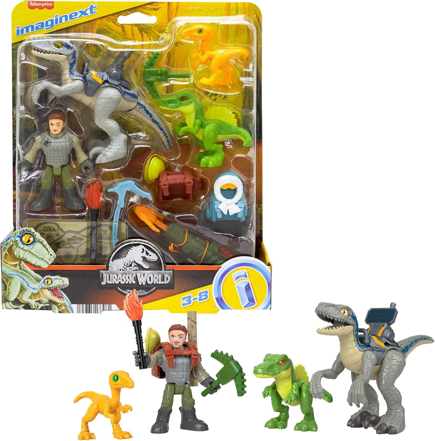 Fisher-Price Imaginext Jurassic World Dinosaur Toys Track & Trail Dino Pack Play Set with Owen Grady & Blue The Raptor for Ages 3+ Years