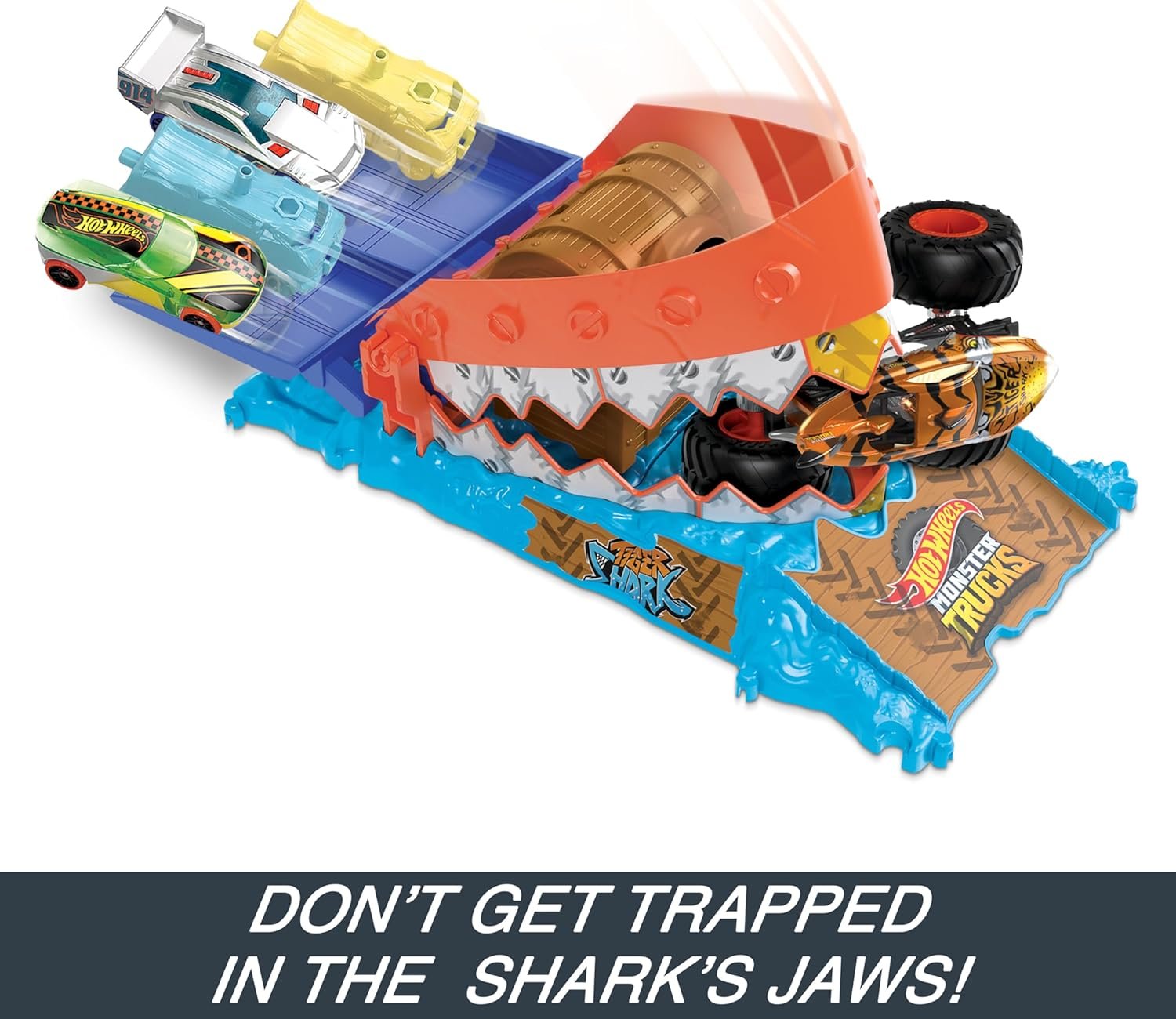 Hot Wheels Monster Trucks Arena Smashers Treasure Chomp Challenge Playset with 1:64 Scale Tiger Shark Toy Monster Truck & 1 Crushed Car - Image 4