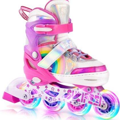 SULIFEEL Rainbow Unicorn Inline Skates for Girls Boys 4 Size Adjustable Light up Wheels Skates for Kids Beginner