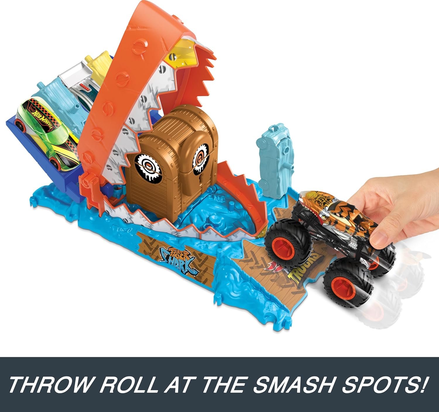 Hot Wheels Monster Trucks Arena Smashers Treasure Chomp Challenge Playset with 1:64 Scale Tiger Shark Toy Monster Truck & 1 Crushed Car - Image 2