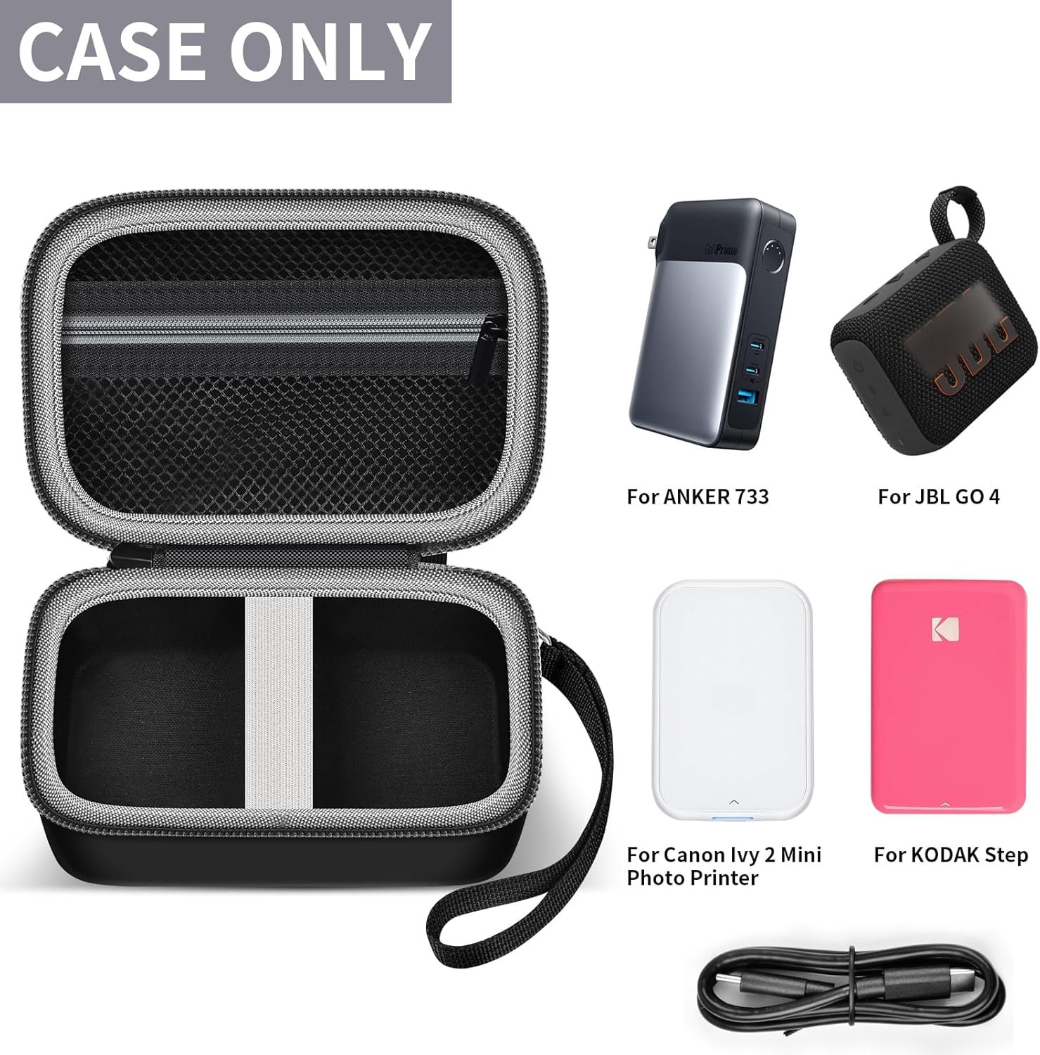 Multi-purpose Storage Bag Comaptible with JBL GO 4, for Canon Ivy 2 Mini Photo Printer, for KODAK Step, for Anker 733 Power Bank,Carrying Protective Case with Mesh Pocket & Wrist Strap(Bag Only)Black - Image 2