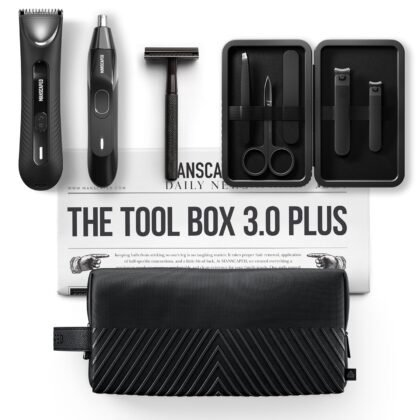 MANSCAPED® Tool Box 3.0 Plus with: The Lawn Mower® 3.0 Plus Groin Hair Groomer, Weed Whacker® 2.0 Nose Hair Trimmer, The Plow® 2.0 Razor, The Shears 3.0 Five Piece Nail Kit, The Shed 2.0 Toiletry Bag