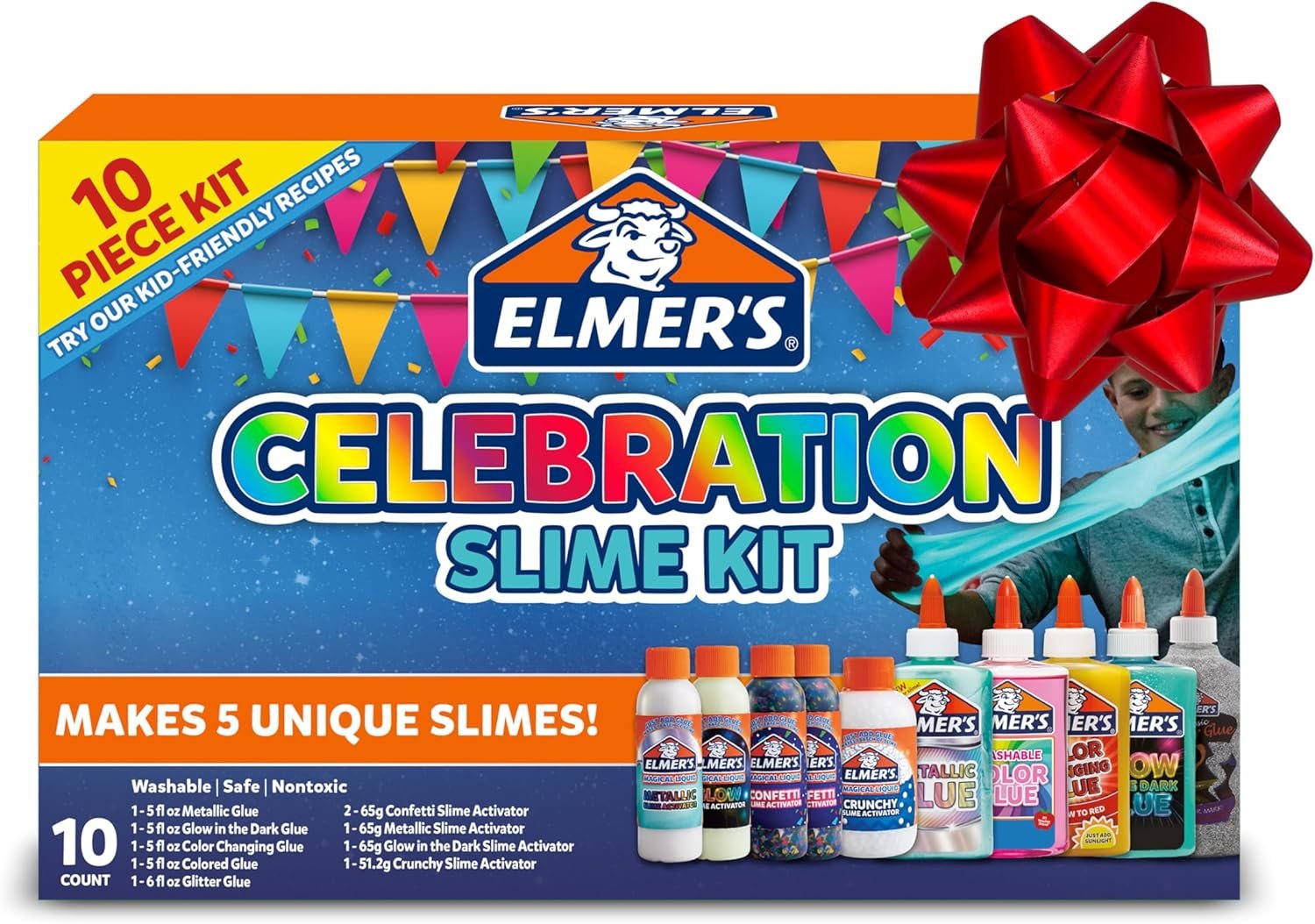 Elmer's Celebration Slime Kit, Complete Slime Supplies with Assorted Magical Liquid Slime Activators and Assorted Liquid Glues, 10 Count - Perfect for Parties, Gift, Activity Time