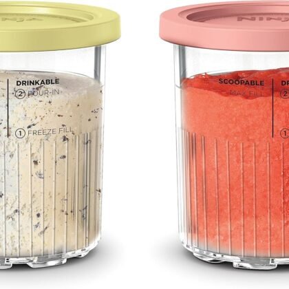 Ninja Creami Deluxe Pints 2 Pack, Compatible with NC500 Series Creami Deluxe Ice Cream Makers, Genuine Ninja Pint, BPA-Free & Dishwasher Safe, Color Lids, 1 Pint Each, Clear/Coral/Yellow, XSKPNTLD2​