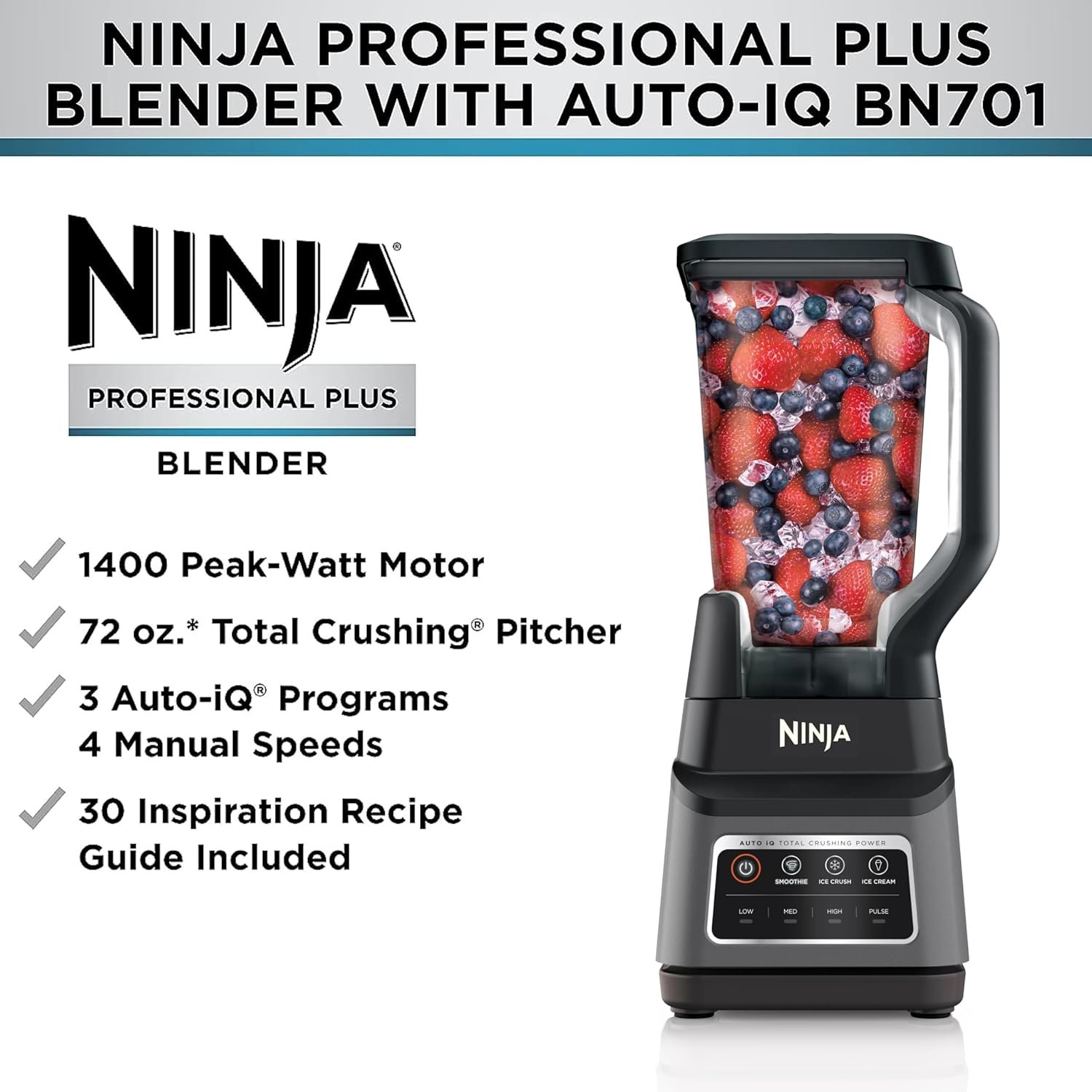 Ninja BN701 Professional Plus Blender, 1400 Peak Watts, 3 Functions for Smoothies, Frozen Drinks & Ice Cream with Auto IQ, 72-oz.* Total Crushing Pitcher & Lid, Dark Grey - Image 6