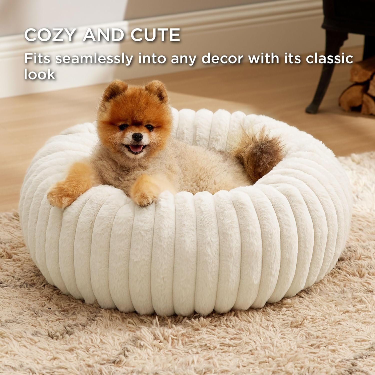 Bedsure Donut Small Dog Bed - Dog Beds for Small Dogs with Corduroy Fleece & Anti Slip Bottom, Round Faux Fur Pet Beds with Washable Removable Cover, Cream, 23x23x7 inches - Image 4
