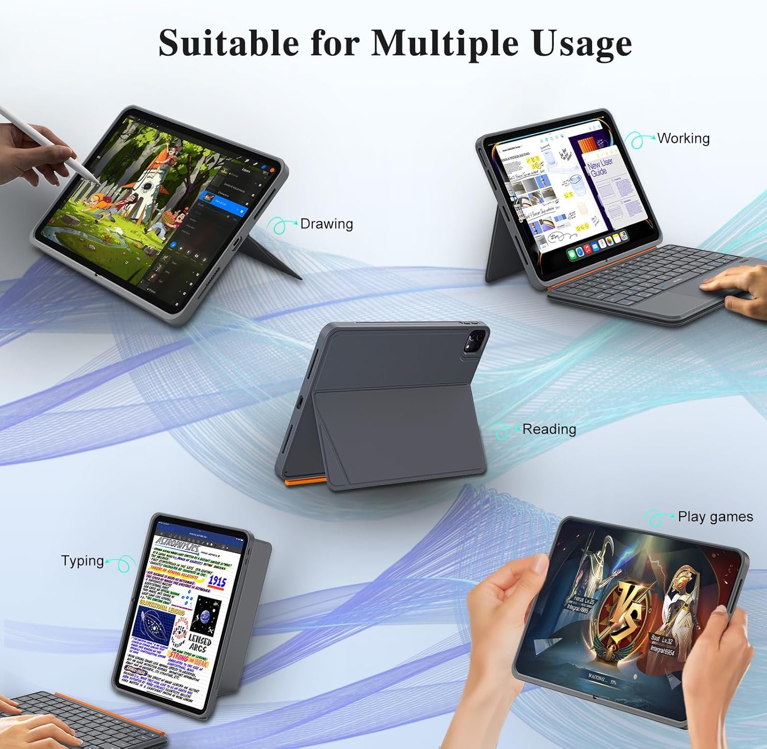 iPad Air 13 inch Case Keyboard (M3 M2, 2025 2024),Wireless iPad Keyboard for Pro 12.9 inch 6/5/4/3rd Gen,Magnetic Detachable with Trackpad,7-Color Backlit,Landscape/Portrait,Adjustable Stand (Gray) - Image 3