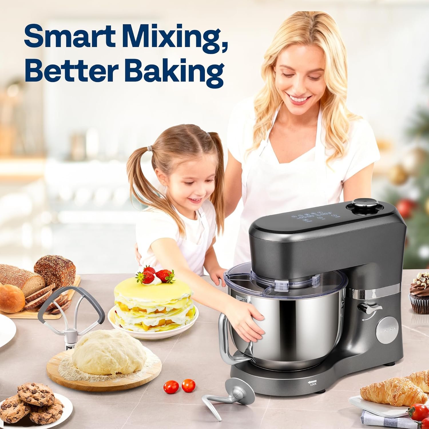VIVOHOME Stand Mixer with Fermentation, One-Touch Presets Electric Dough Mixer with 6 Qt Bowl, Kitchen Standing Mixer for Baking, Cake with Flex Edge Beater, Bread Hook, Whisk, Gray - Image 2