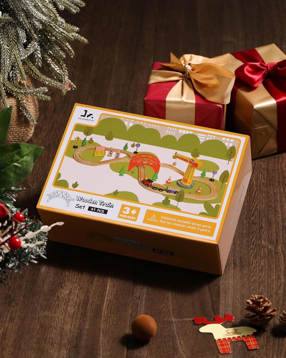 SainSmart Jr. Wooden Train Set for Toddler, 41pcs Wood Train Track w/Crane Fits Brio, Thomas, Melissa and Doug, Kids Wood Toy Train for Kids Ages 3+ - Image 7