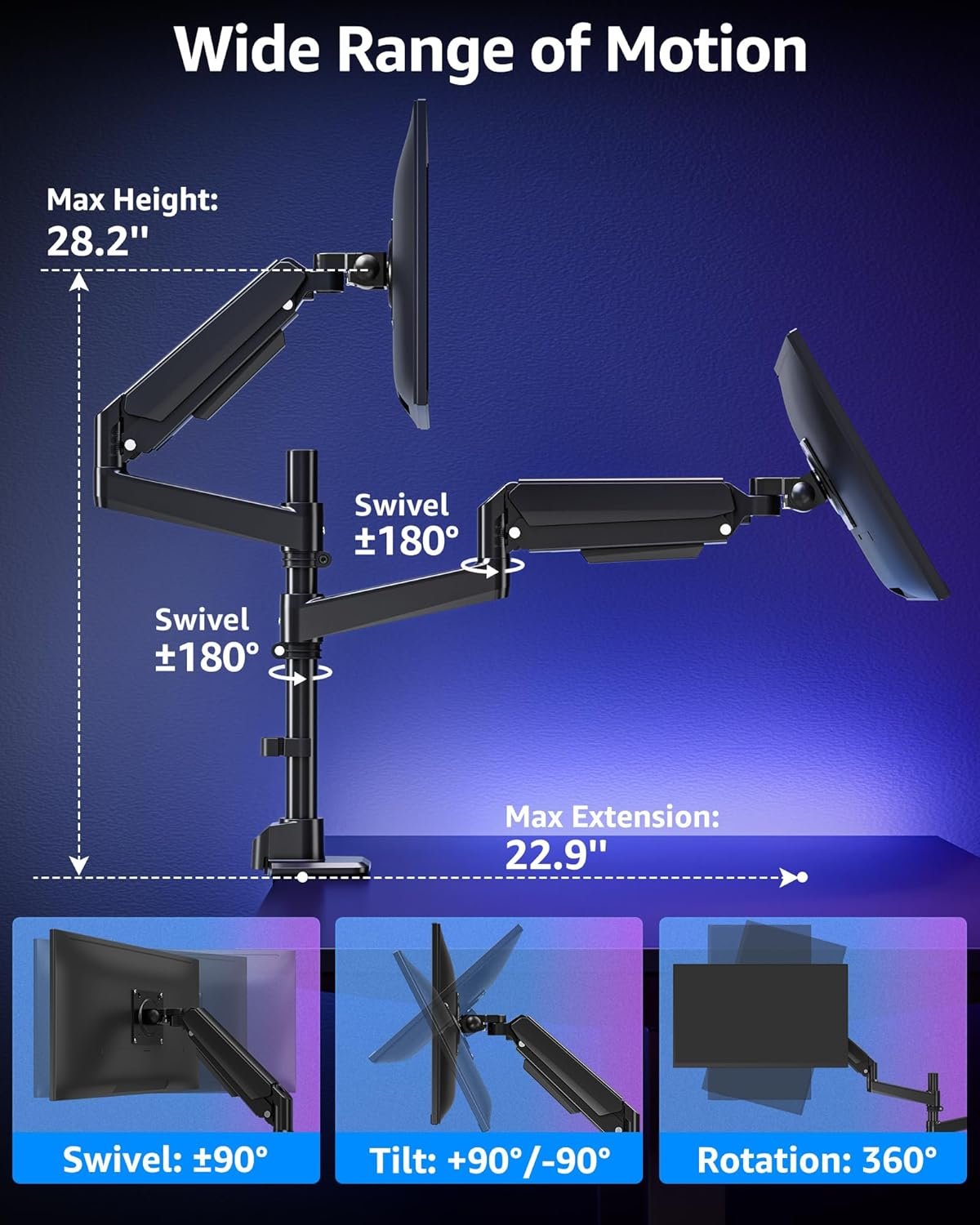MOUNTUP Dual Monitor Stand Fits 49 45 42 40 39 34 32 Inch Screens, Heavy Duty Dual Monitor Arm Holds 4.4-44 lbs, Vertical Stacked Monitors Mount, Full Motion, Height Adjustable, VESA Mount - Image 8