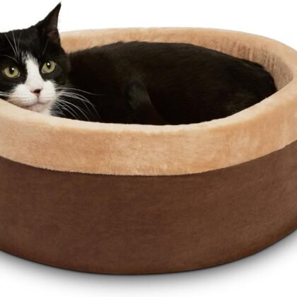 K&H Pet Products Thermo-Kitty Bed Heated Cat Beds for Indoor Cats & Dogs, Calming Warming Pillow Pet Bed, Machine Washable, Removable Heater, Safety Listed - Small 16" Round Mocha/Tan