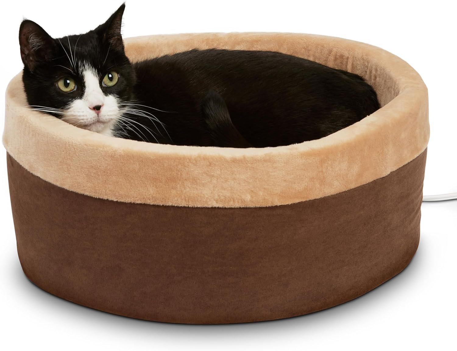 K&H Pet Products Thermo-Kitty Bed Heated Cat Beds for Indoor Cats & Dogs, Calming Warming Pillow Pet Bed, Machine Washable, Removable Heater, Safety Listed - Small 16" Round Mocha/Tan
