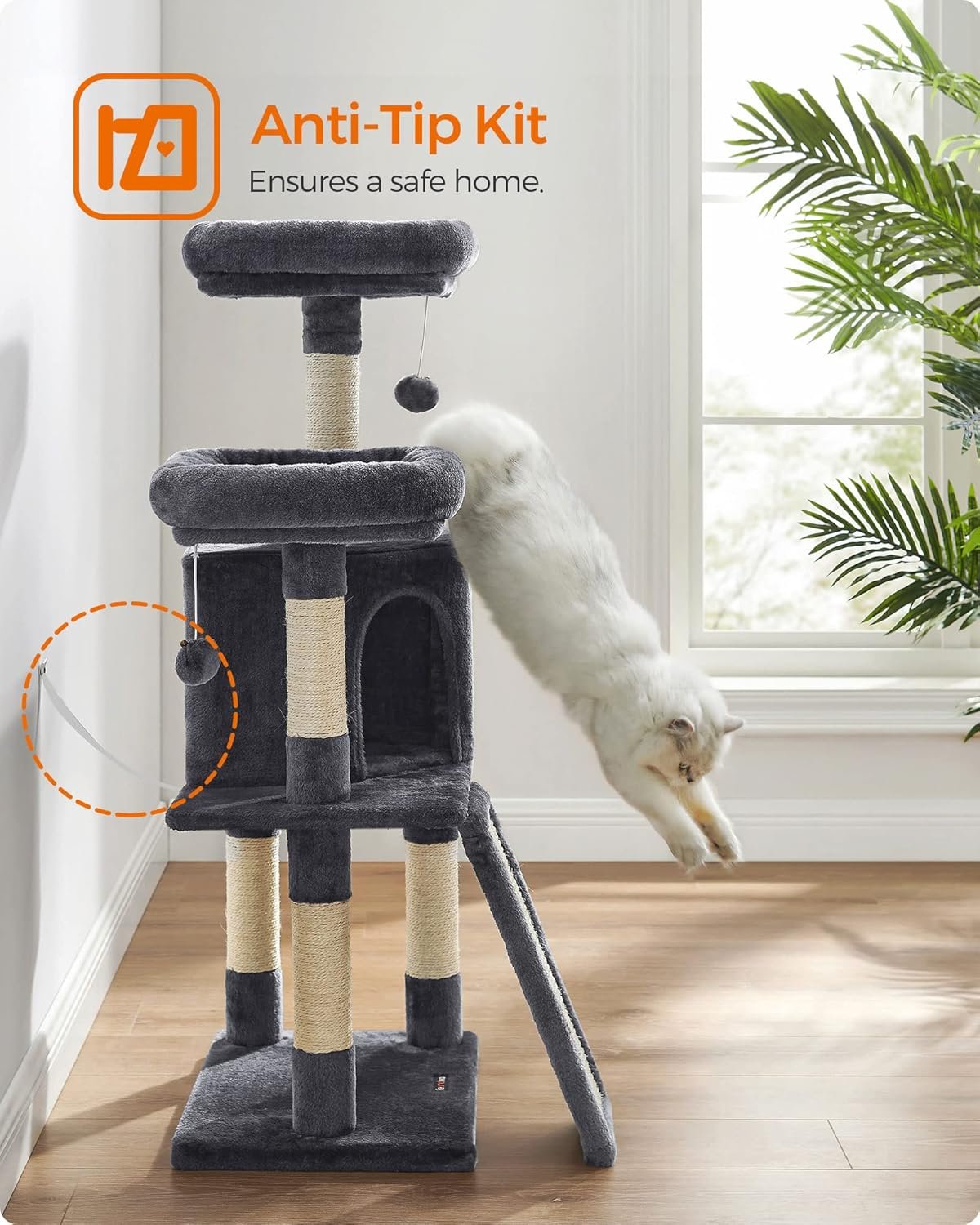 Feandrea Cat Tower, Cat Tree for Indoor Cats, 45.3-Inch Cat Condo with Scratching Post, Ramp, Perch, Spacious Cat Cave, for Kittens, Elderly Cats, Adult Cats, Small Space, Smoky Gray UPCT141G01 - Image 8