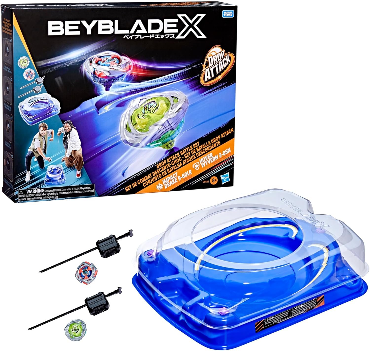 Beyblade X Drop Attack Battle Set with Beystadium Arena, 2 Takara Tomy Tops & Launchers, Impact Drake 9-60LR & Hover Wyvern 3-85N, Battling Game Toys, Kids, Ages 8+