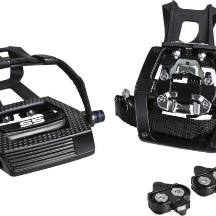 BV Bike Pedals Shimano SPD/Look Delta Compatible 9/16'' with Toe Clips - Peloton Pedals for Regular Shoes - Toe Cages for Peloton Bike - Exercise Bike Pedals - Universal Fit Bicycle Pedal