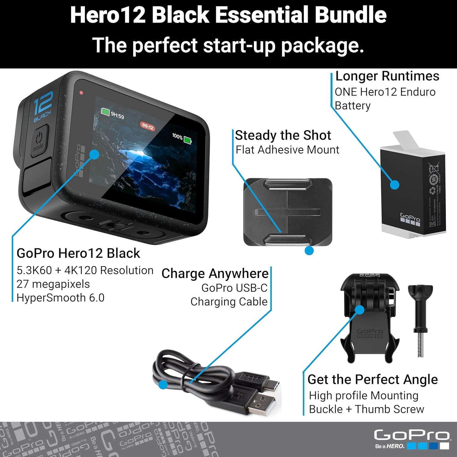 GoPro Hero12 Black E-Commerce Package - Waterproof Action Camera with 5.3K60 Ultra HD Video, 27MP Photos, HDR, 1/1.9" Image Sensor, Live Streaming, Webcam, Stabilization - Image 2
