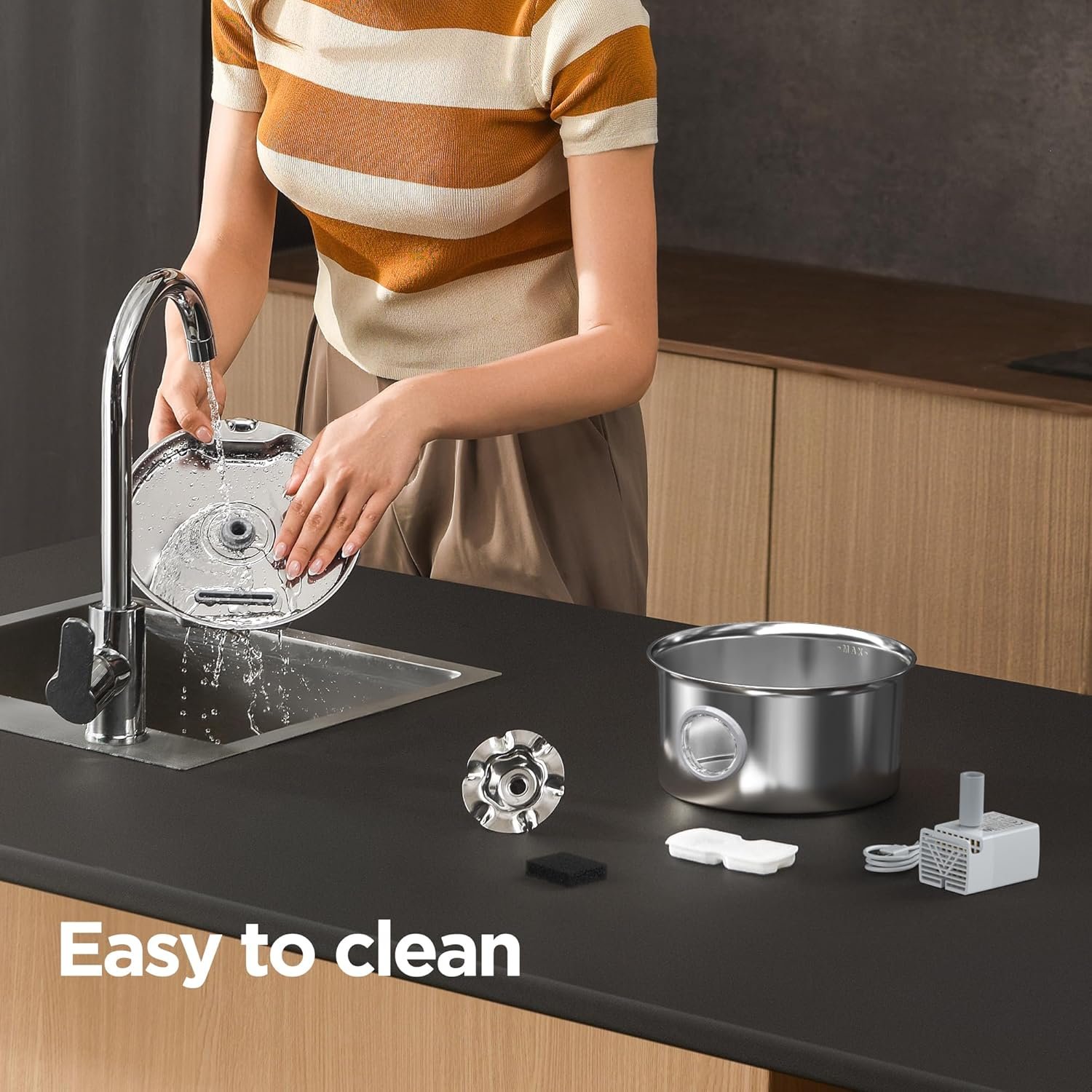 Stainless Steel Cat Water Fountain: 88oz/2.6L Ultra Quiet Pet Fountain with Flower Kitty Spout & LED Blue Light Water Dispenser with Water Level Window for Cats/Dogs Indoor (Silver) - IHOUONE - Image 9