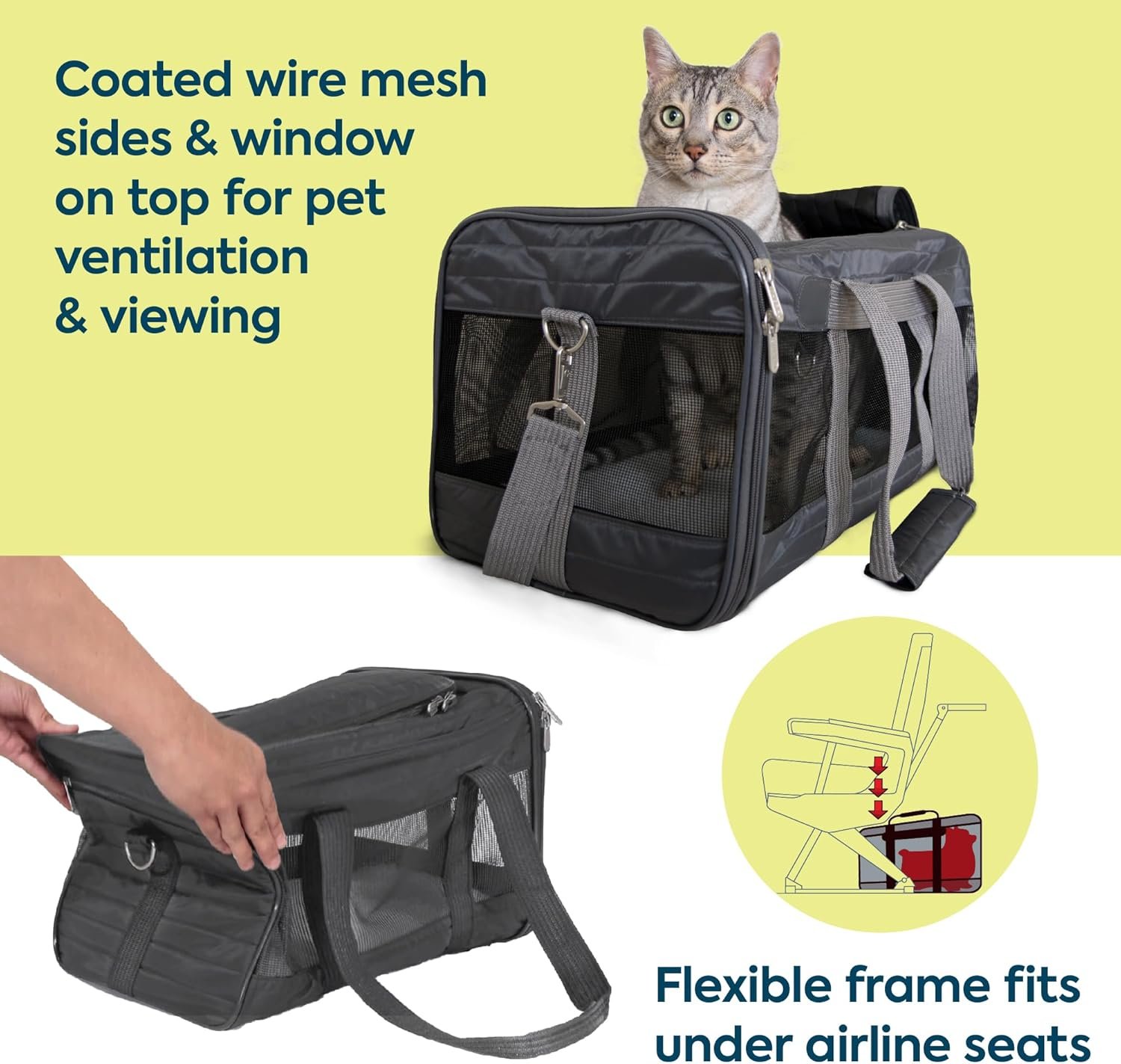 Sherpa Pet Carrier Airline Approved with Spring Wire Frame - Cat & Dog Carrier for In-Cabin Travel, Mesh Ventilation, Locking Zippers - Charcoal Grey, Large - Image 2