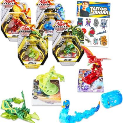 Bakugan Toys Pack for Battle Arena - Bundle with 4 Geogan Action Figures Balls Plus Temporary Tattoos | Bakugan Toys for Boys 6-8 (Styles May Vary)