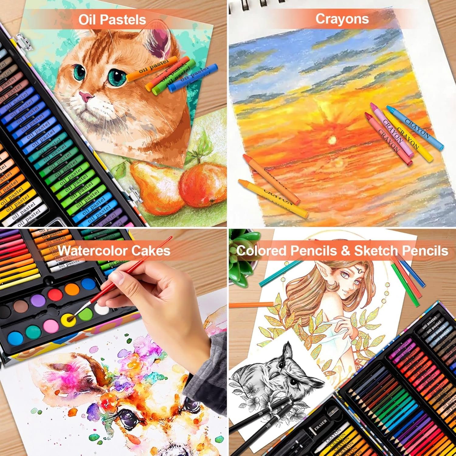 Art Supplies, 180 Pack Drawing Painting Set for Kids Girls Boys Teens, Coloring Art Kit Gift Case with Clipboard, Coloring Papers, Oil Pastels, Crayons, Colored Pencils, Watercolor Cakes, Markers - Image 5