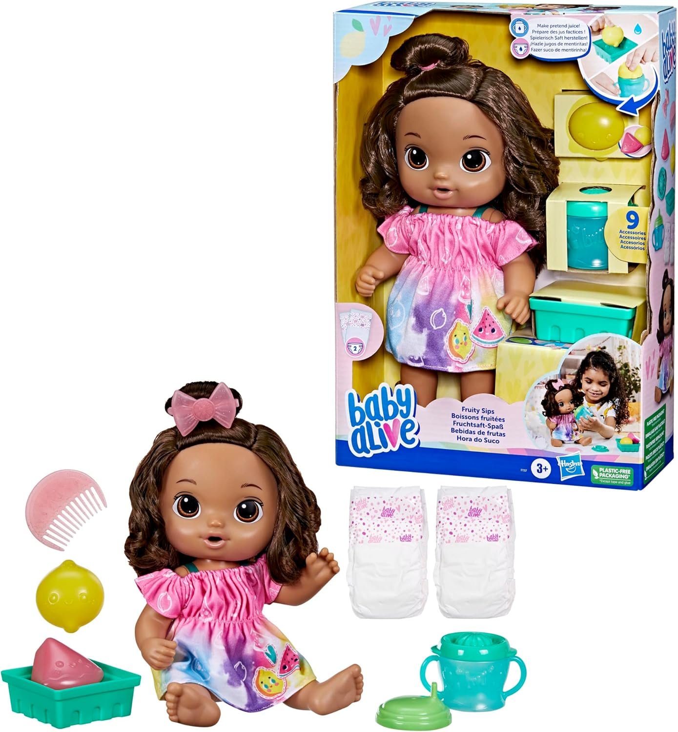 Baby Alive Fruity Sips Doll, Lemon, Toys for 3 Year Old Girls, 12-inch Baby Doll Set, Drinks & Wets, Pretend Juicer, Kids 3 and Up, Brown Hair - Image 10