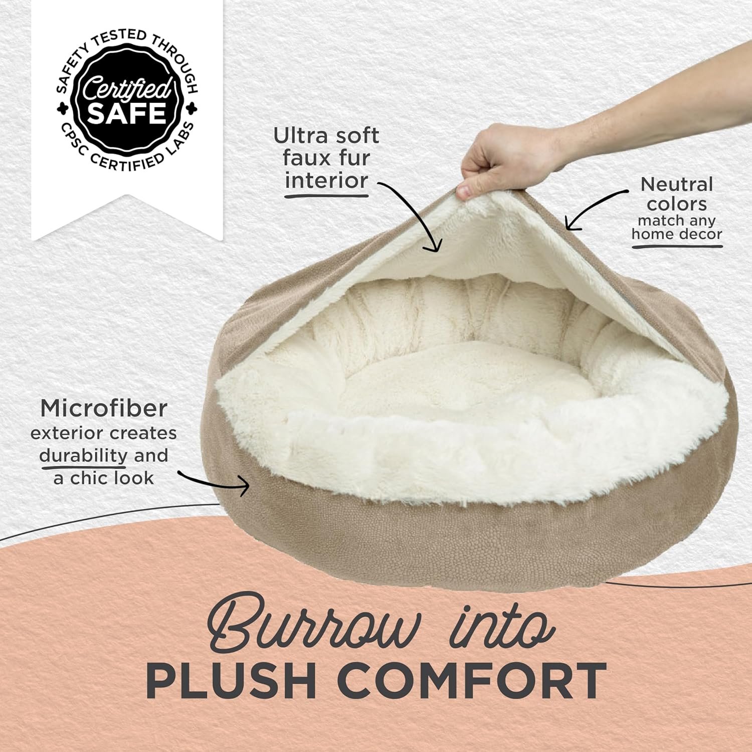 Best Friends by Sheri Cozy Cuddler Ilan Covered Cat and Dog Bed with Attached Blanket, Wheat, 24"x24" - Image 3