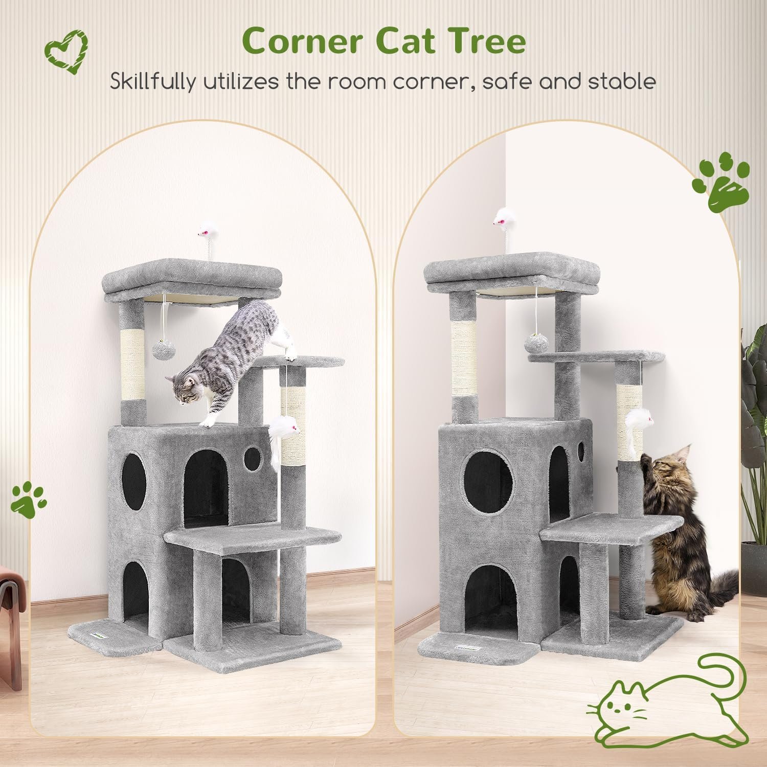 Globlazer Cat Tree Tower for Indoor Cats, 50-inch Adult Cat Tree House for Large Adult Cats with Steps, Scratching Post, 2 Cat Caves, Dangling Toys, FC50, Light Grey - Image 2