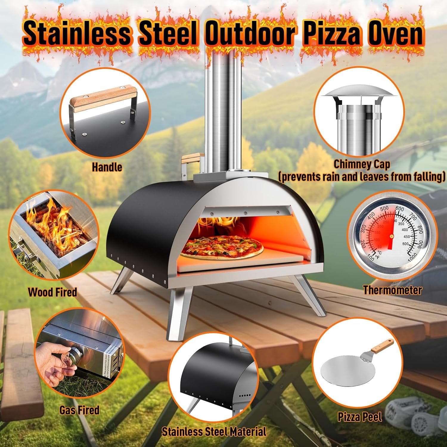 Multi-Fuel Pizza Oven Outdoor, 12" Portable Wood and Gas Fired Pizza Oven with Thermometer,Gas Hose & Pizza Stone,Heats up to 1000°F,Stainless Steel Pizza Oven for Backyard or Camping (Black) - Image 5