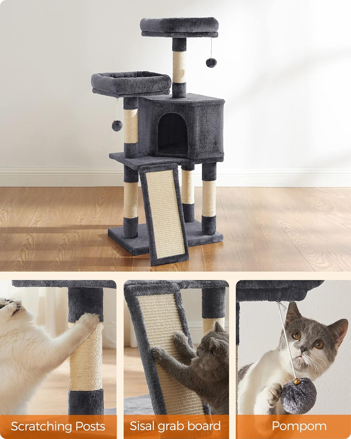 Feandrea Cat Tower, Cat Tree for Indoor Cats, 45.3-Inch Cat Condo with Scratching Post, Ramp, Perch, Spacious Cat Cave, for Kittens, Elderly Cats, Adult Cats, Small Space, Smoky Gray UPCT141G01 - Image 7