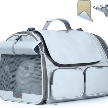 FUKUMARU Cat Carrier, Soft-Sided Small Dog Carrier, Large Cat Travel Bag with 4 Mesh Windows, Under 15 lb Airline Approved Pet Carrier with 4 Storage Pockets, Rollable Cover for Nervous Cats, Grey