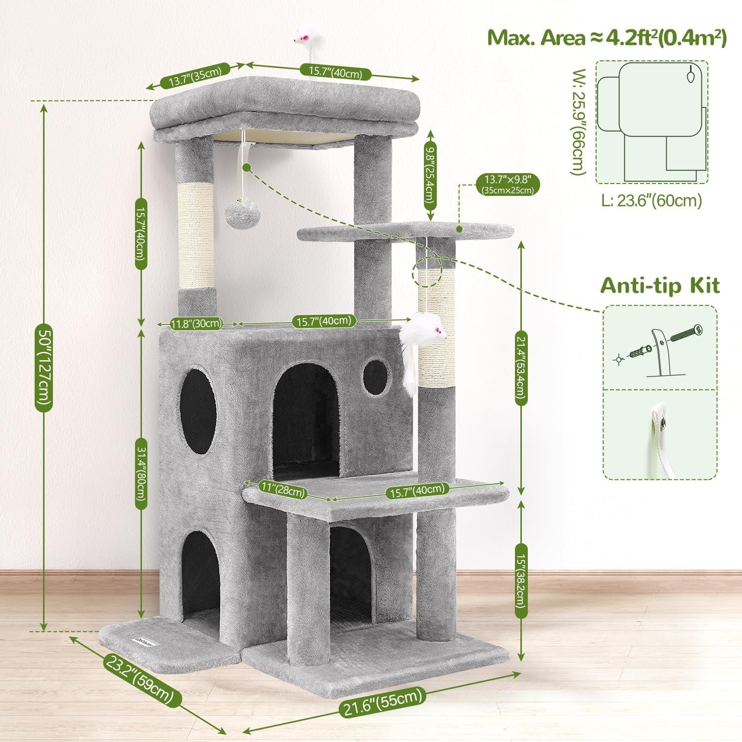 Globlazer Cat Tree Tower for Indoor Cats, 50-inch Adult Cat Tree House for Large Adult Cats with Steps, Scratching Post, 2 Cat Caves, Dangling Toys, FC50, Light Grey - Image 6