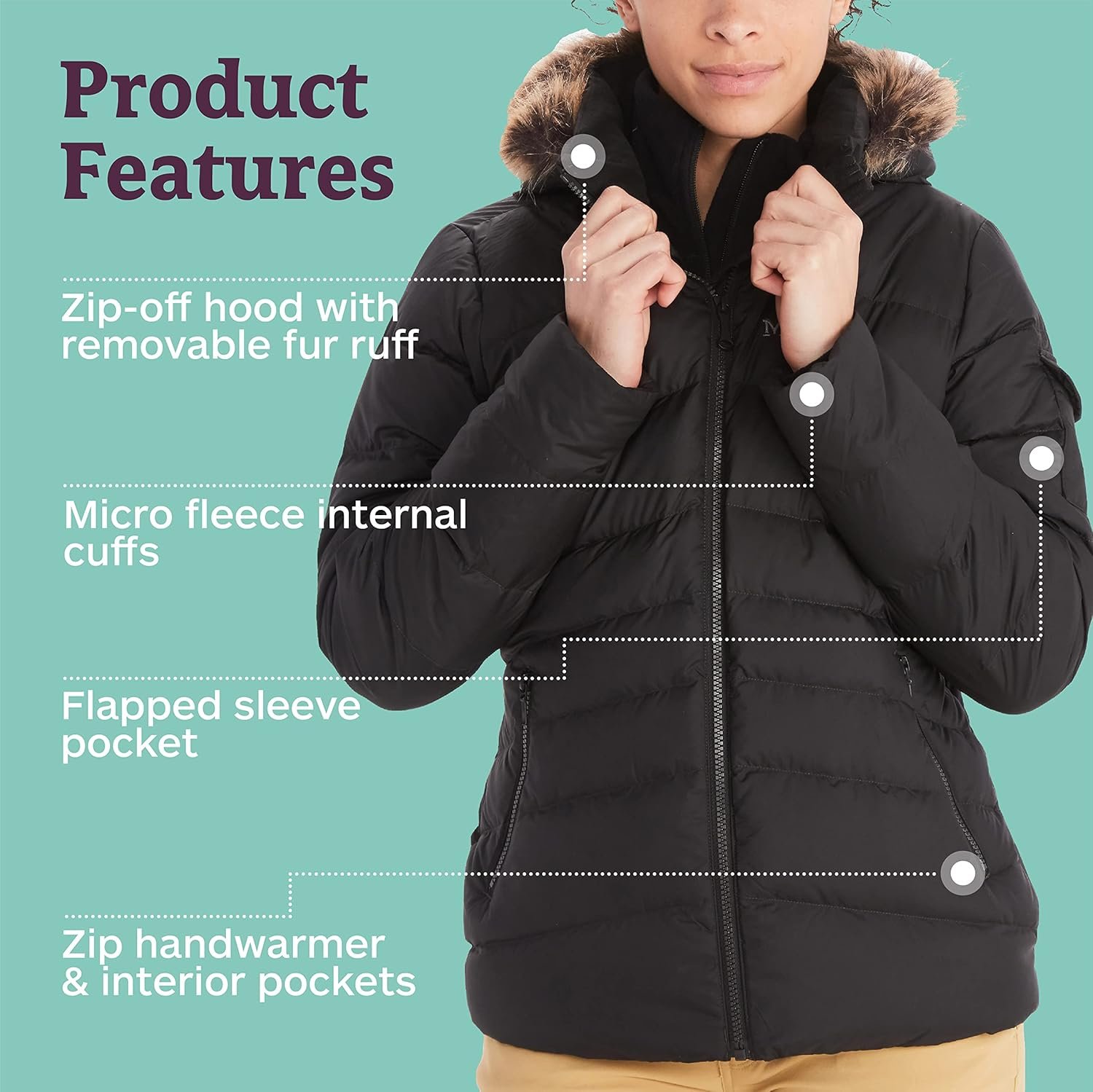 MARMOT Women's Ithaca Jacket - 700-Fill Down-Insulated, Water-Resistant Coat with Zip-Off Hood and Removable Fur Ruff - Image 5